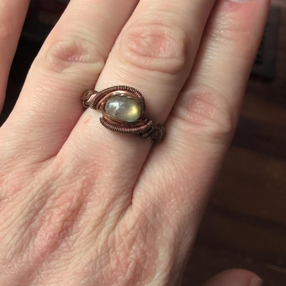 Copper Wire Wrapped Labradorite Ring - Picture 3 of 6
